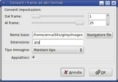 immagine finestra di dialogo converti frame
